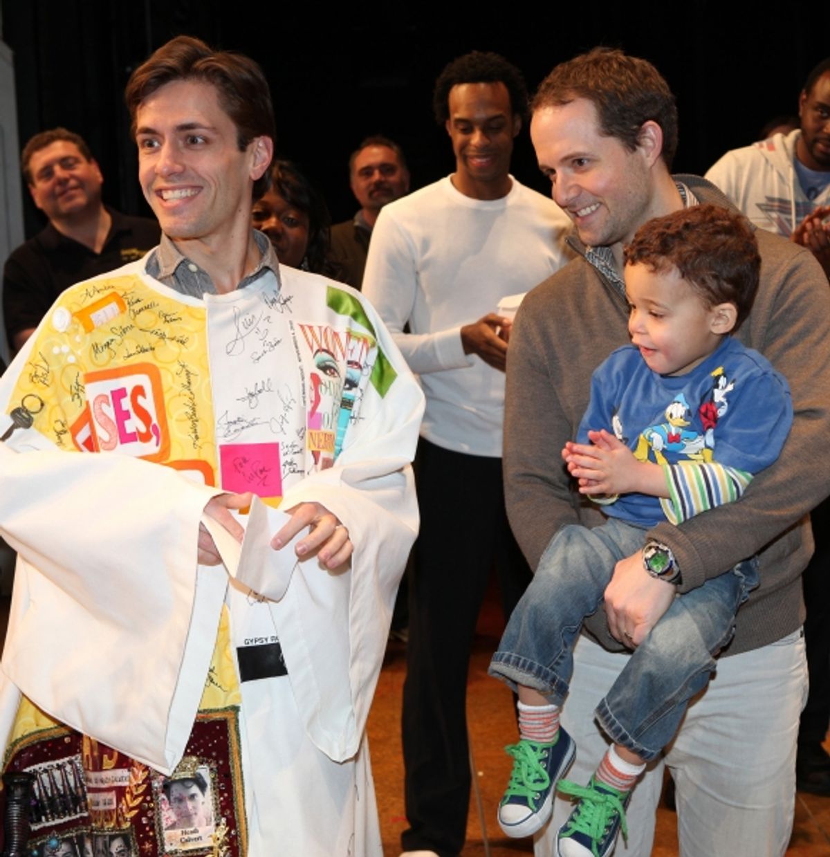 Eric Sciotta & David Eggers with son Samson Jack Sciotto-Eggers attending the Broadway Opening Night Gypsy Robe for 'The Book Of Mormon' and the Gypsy Robe recipient Michael James Scott at The Eugene O'Neill Theatre in New York City. at 