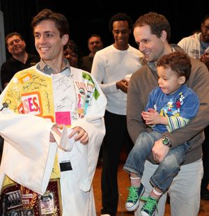 Eric Sciotta & David Eggers with son Samson Jack Sciotto-Eggers attending the Broadway Opening Night Gypsy Robe for 'The Book Of Mormon' and the Gypsy Robe recipient Michael James Scott at The Eugene O'Neill Theatre in New York City. @ BroadwayWorld Eric Sciotta & David Eggers with son Samson Jack Sciotto-Eggers attending the Broadwa Photo