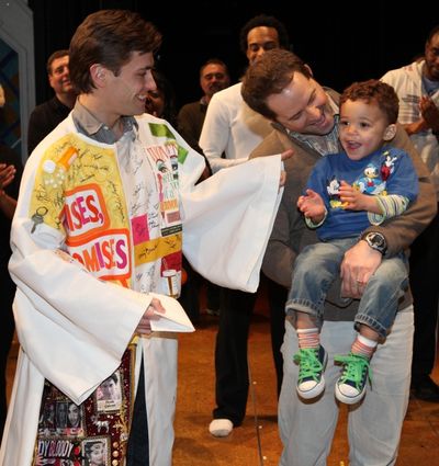 Eric Sciotta & David Eggers with son Samson Jack Sciotto-Eggers attending the Broadwa Photo