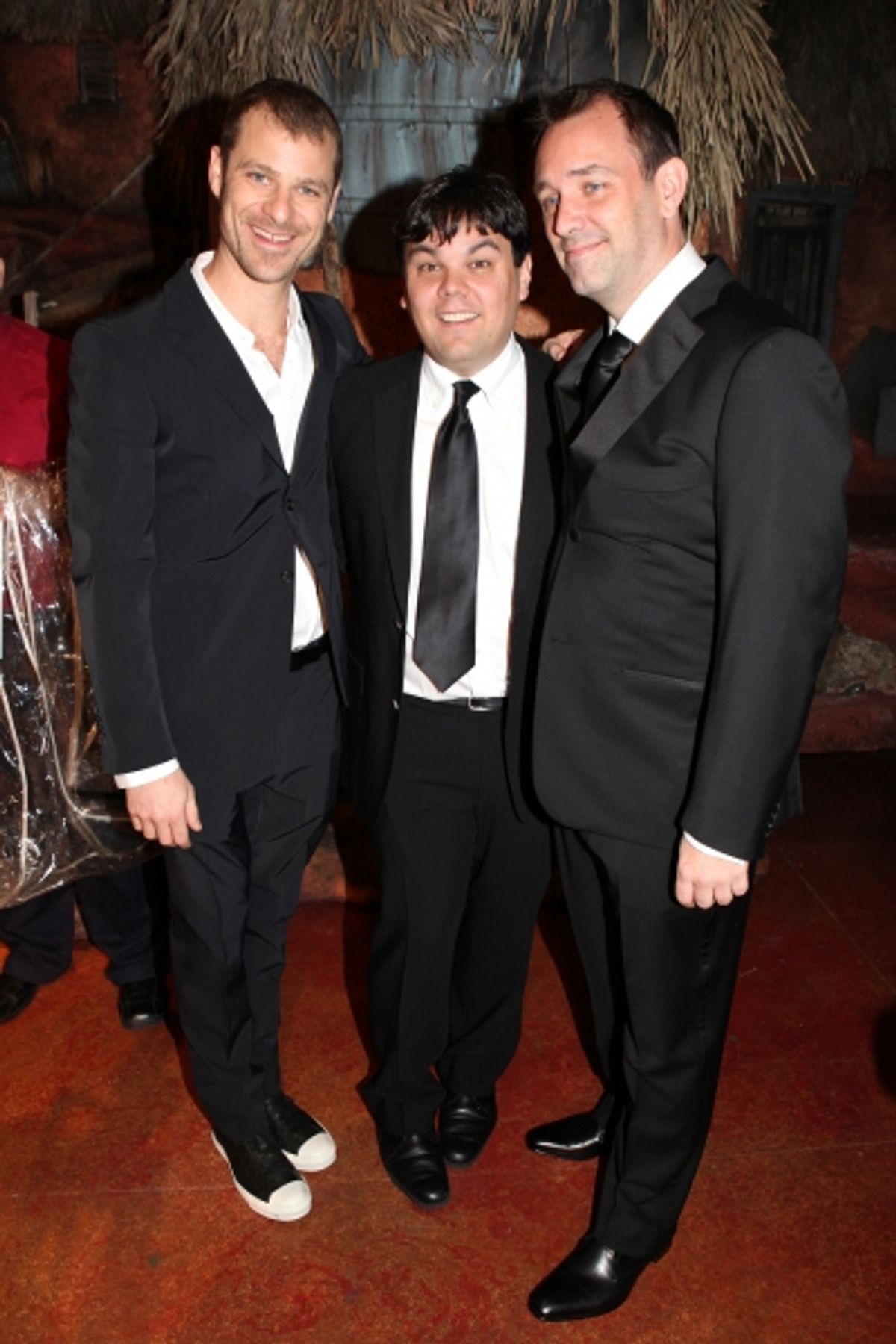 Matt Stone, Robert Lopez & Trey Parker attending the Broadway Opening Night Gypsy Robe for 'The Book Of Mormon' and the Gypsy Robe recipient Michael James Scott at The Eugene O'Neill Theatre in New York City. at 