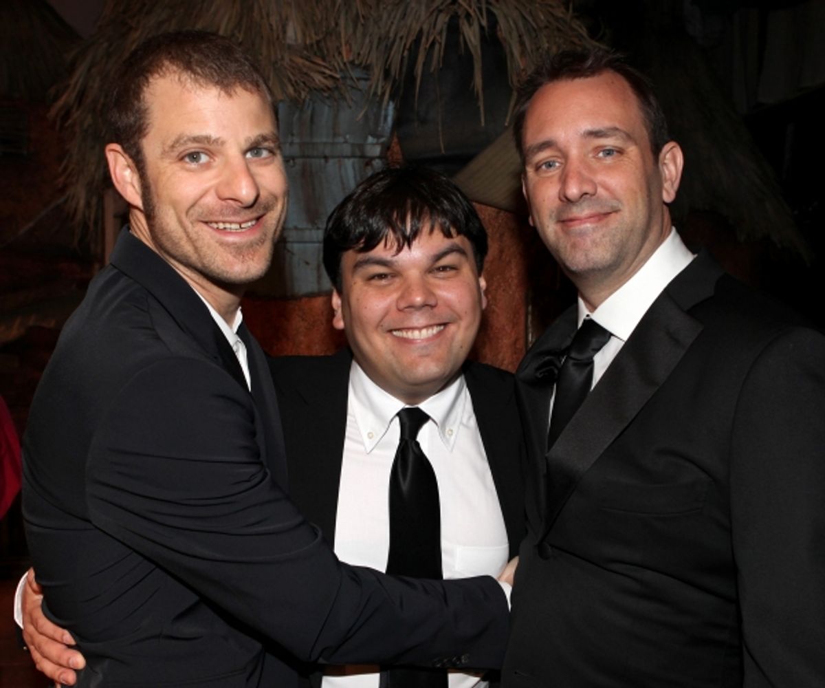 Matt Stone, Robert Lopez & Trey Parker attending the Broadway Opening Night Gypsy Robe for 'The Book Of Mormon' and the Gypsy Robe recipient Michael James Scott at The Eugene O'Neill Theatre in New York City. at 