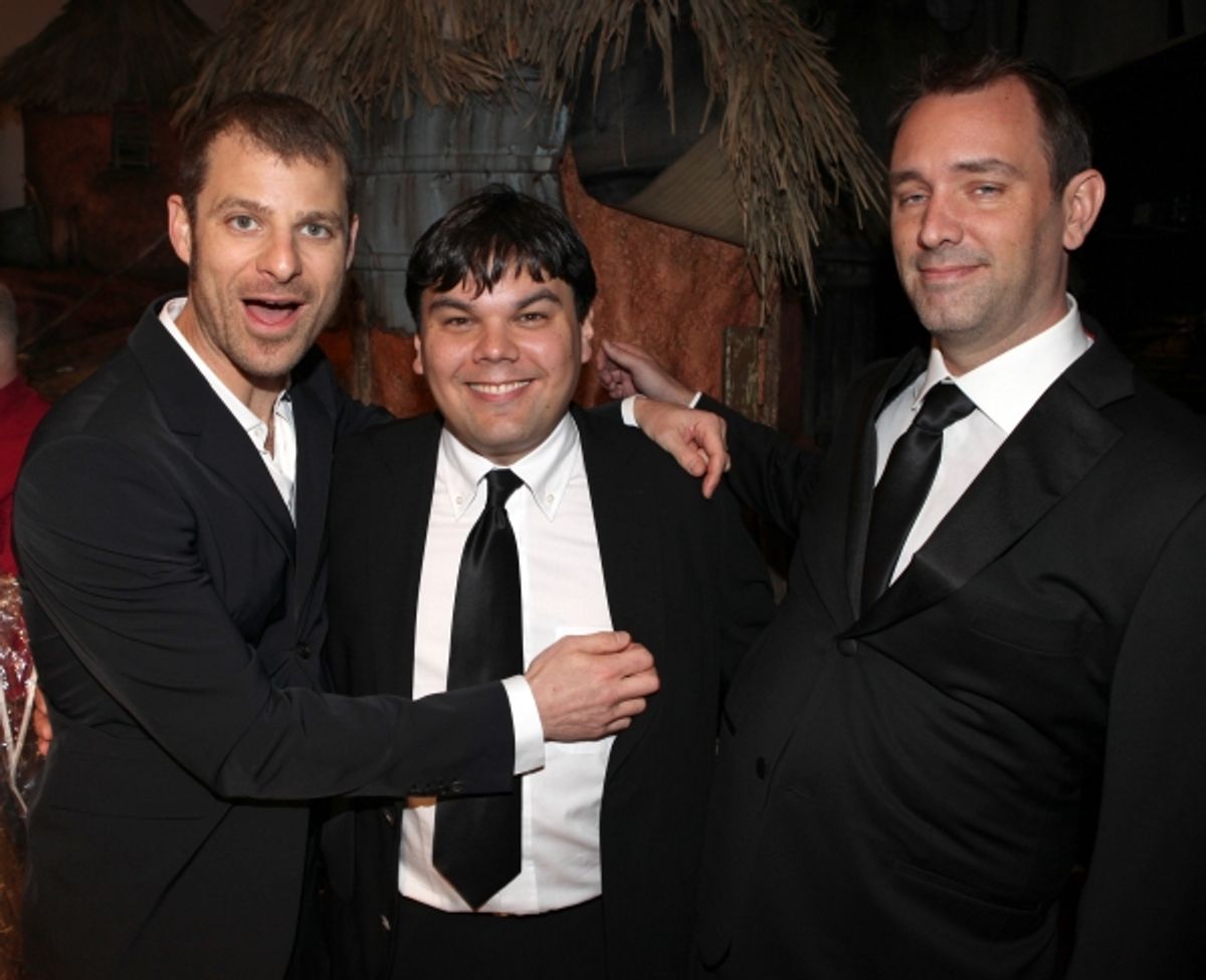 Matt Stone, Robert Lopez & Trey Parker attending the Broadway Opening Night Gypsy Robe for 'The Book Of Mormon' and the Gypsy Robe recipient Michael James Scott at The Eugene O'Neill Theatre in New York City. at 