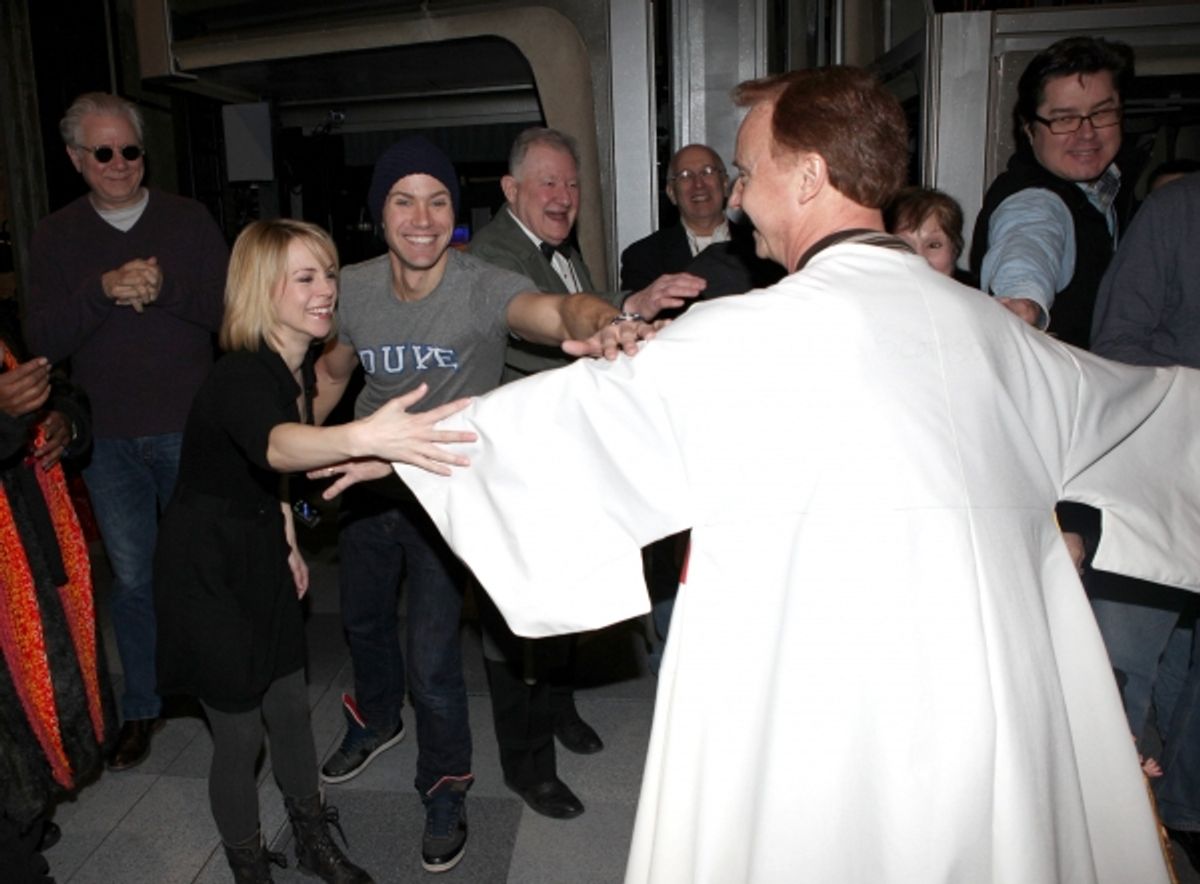 Cleve Asbury (Recipient), Mary Faber, John Larroquette, Christopher J. Hanke with Cast Ensemble & Crew attending the Broadway Opening Night Gypsy Robe Ceremony for Recipient Cleve Asbury in 'How to Succeed in Business without Really Trying'  at 