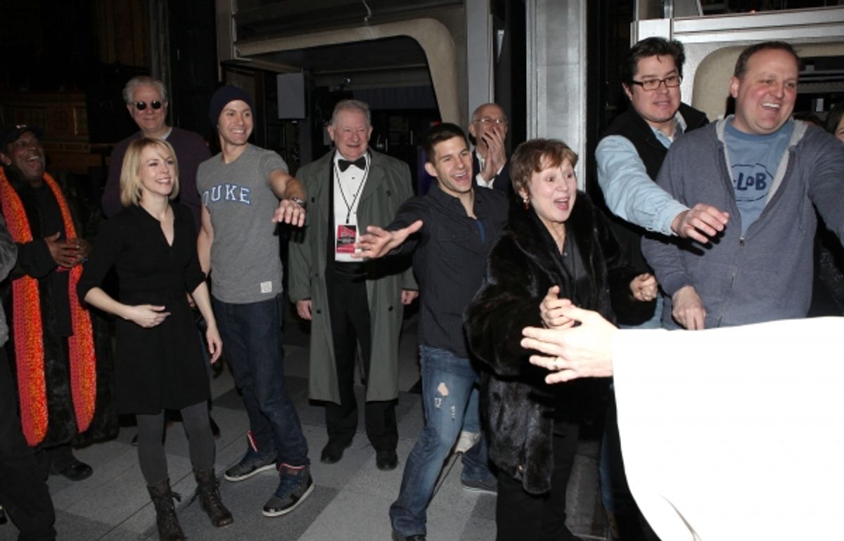 Cleve Asbury (Recipient), Mary Faber, John Larroquette, Christopher J. Hanke, Harvey Evans, Charlie Williams, Kevin Covert with Cast Ensemble & Crew attending the Broadway Opening Night Gypsy Robe Ceremony for Recipient Cleve Asbury in 'How to Succeed in  at 