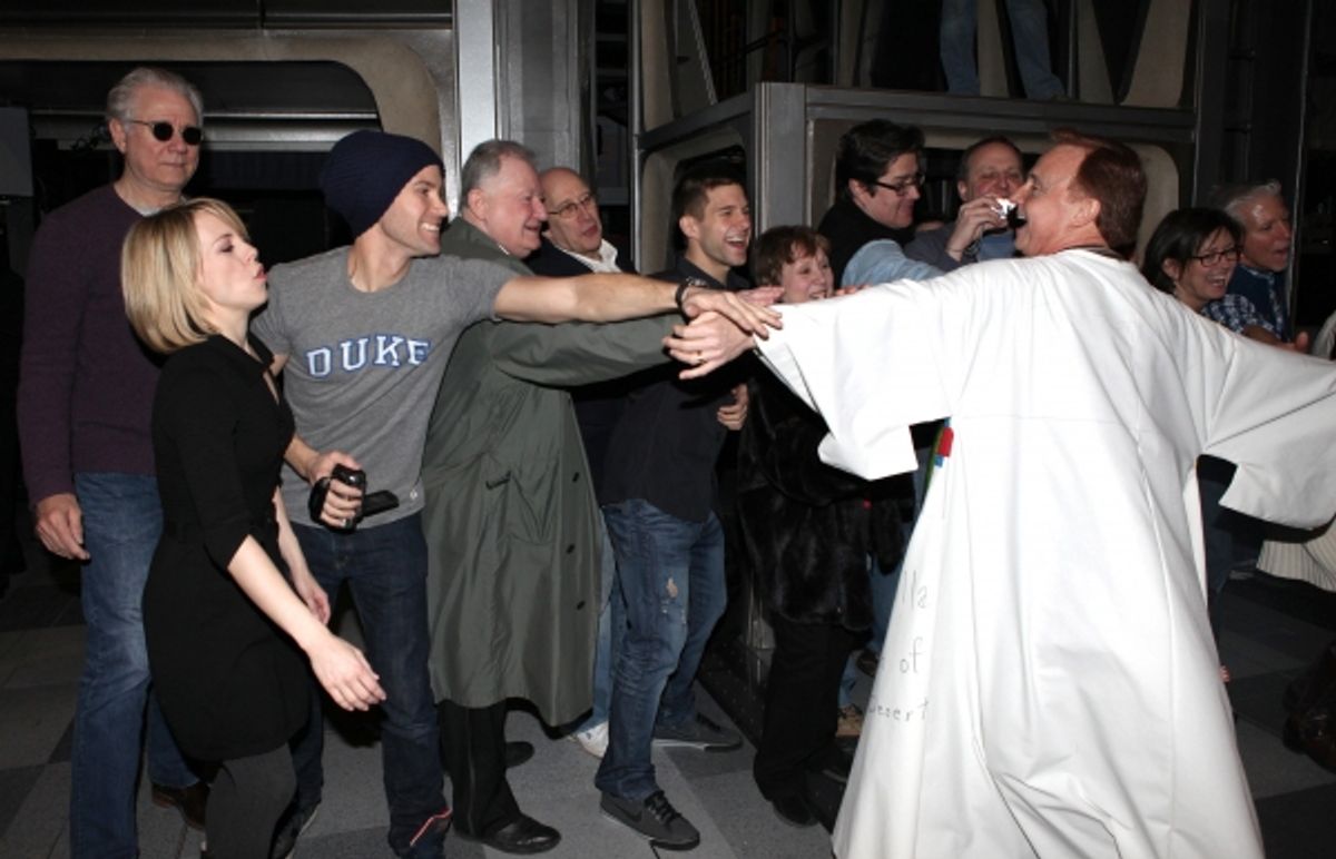 Cleve Asbury (Recipient), Mary Faber, John Larroquette, Christopher J. Hanke, Harvey Evans with Cast Ensemble & Crew attending the Broadway Opening Night Gypsy Robe Ceremony for Recipient Cleve Asbury in 'How to Succeed in Business without Really Trying'  at 