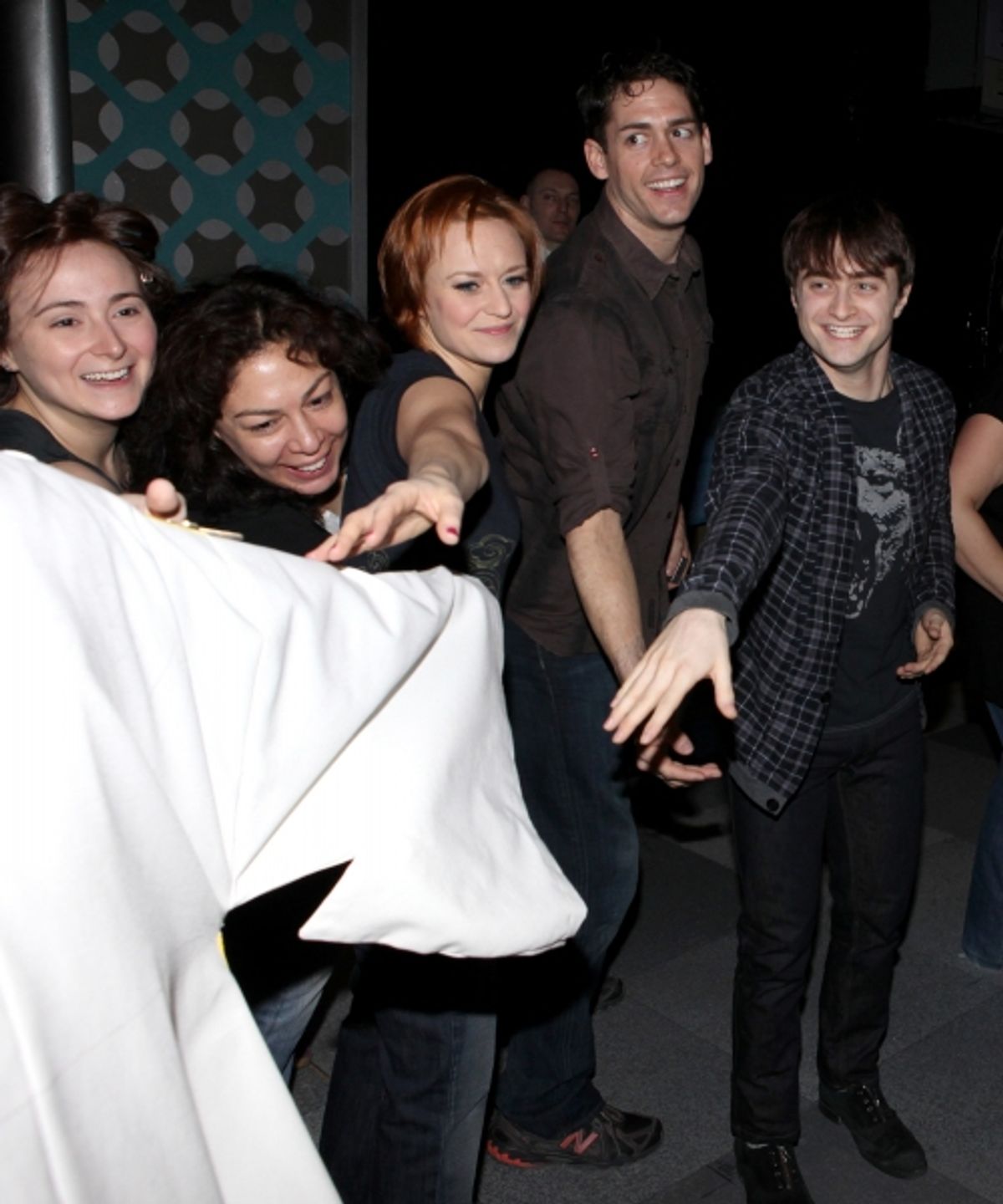 Cleve Asbury (Recipient), Erica Mansfield, Barrett Martin, Daniel Radcliffe with Cast Ensemble & Crew attending the Broadway Opening Night Gypsy Robe Ceremony for Recipient Cleve Asbury in 'How to Succeed in Business without Really Trying'  at 