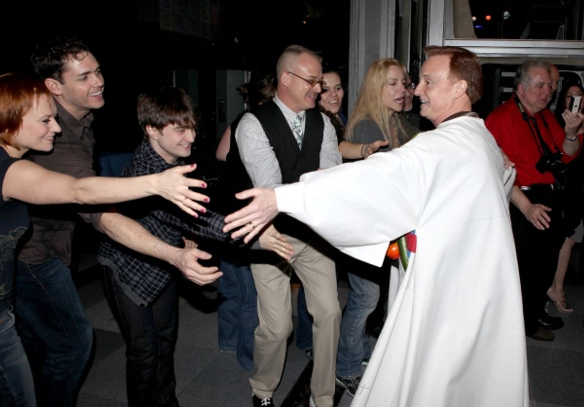Cleve Asbury with Daniel Radcliffe, ellen Harvey  & Ensemble cast & crew attending the Broadway Opening Night Gypsy Robe Ceremony for Recipient Cleve Asbury in 'How to Succeed in Business without Really Trying' at the Al Hirschfeld Theatre in New York Cit at 