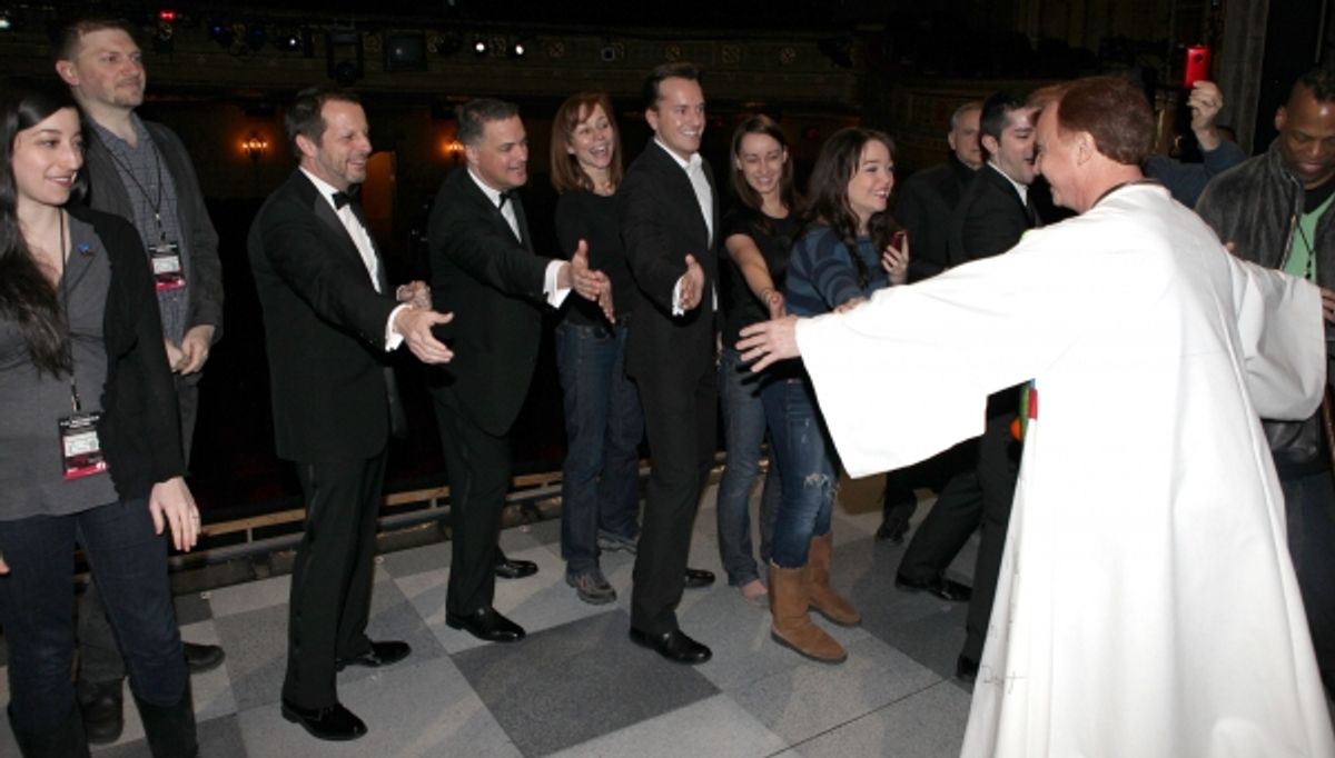 Cleve Asbury with Rob Ashford & Ensemble cast & crew attending the Broadway Opening Night Gypsy Robe Ceremony for Recipient Cleve Asbury in 'How to Succeed in Business without Really Trying' at the Al Hirschfeld Theatre in New York City. at 