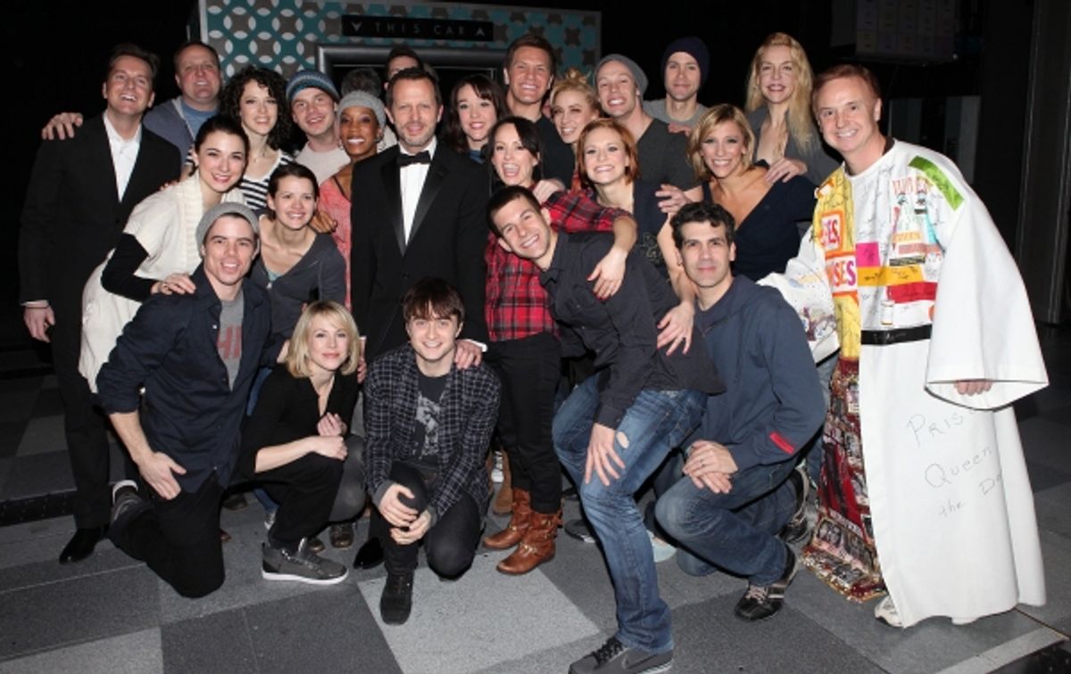 Cleve Asbury (Recipient), director Rob Ashford, Daniel Radcliffe, Christopher j. Hanke with the Ensemble Cast & Crew attending the Broadway Opening Night Gypsy Robe Ceremony for Recipient Cleve Asbury in 'How to Succeed in Business without Really Trying'  at 