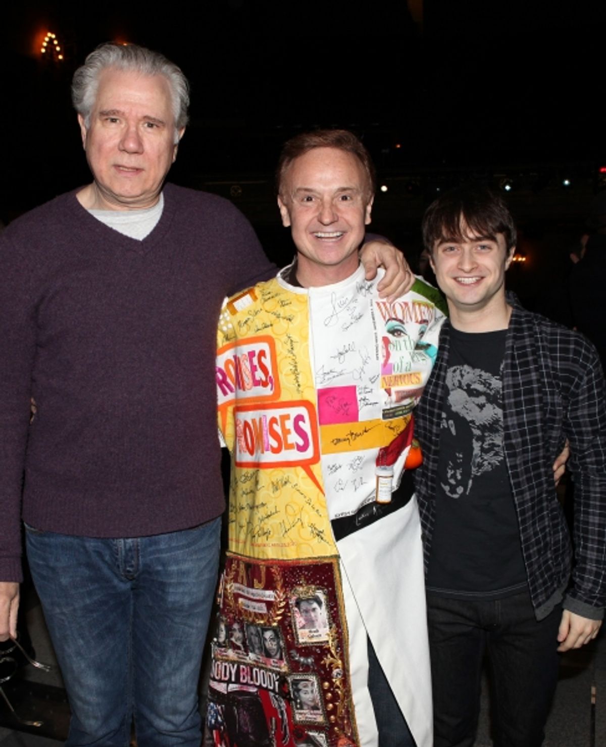 Cleve Asbury (Recipient), John Larroquette & Daniel Radcliffe attending the Broadway Opening Night Gypsy Robe Ceremony for Recipient Cleve Asbury in 'How to Succeed in Business without Really Trying' at the Al Hirschfeld Theatre in New York City. at 