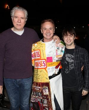 Cleve Asbury (Recipient), John Larroquette & Daniel Radcliffe attending the Broadway Opening Night Gypsy Robe Ceremony for Recipient Cleve Asbury in 'How to Succeed in Business without Really Trying' at the Al Hirschfeld Theatre in New York City. @ BroadwayWorld Cleve Asbury (Recipient), John Larroquette & Daniel Radcliffe attending the Broadway Photo