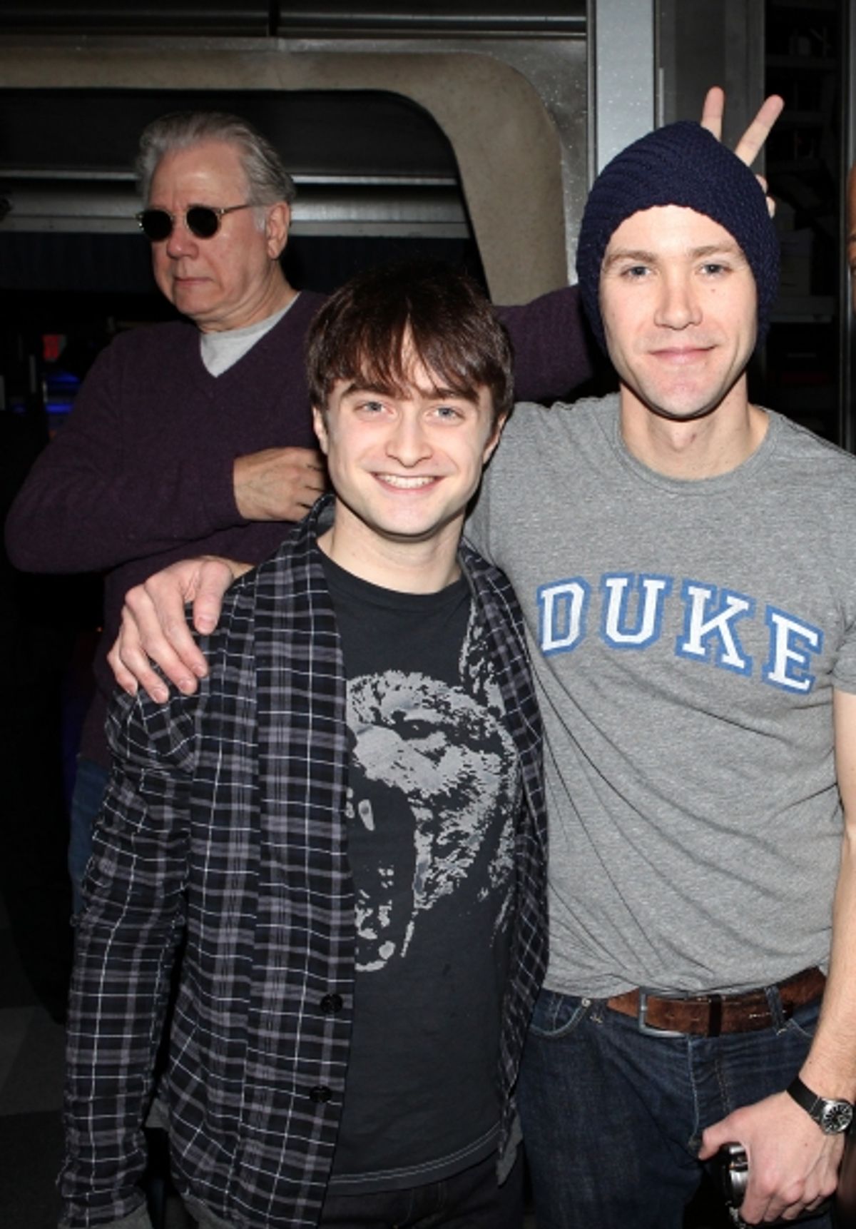 John Larroquette & Daniel Radcliffe & Christopher J. Hanke with Adrian Bailey attending the Broadway Opening Night Gypsy Robe Ceremony for Recipient Cleve Asbury in 'How to Succeed in Business without Really Trying' at the Al Hirschfeld Theatre in New Yor at 