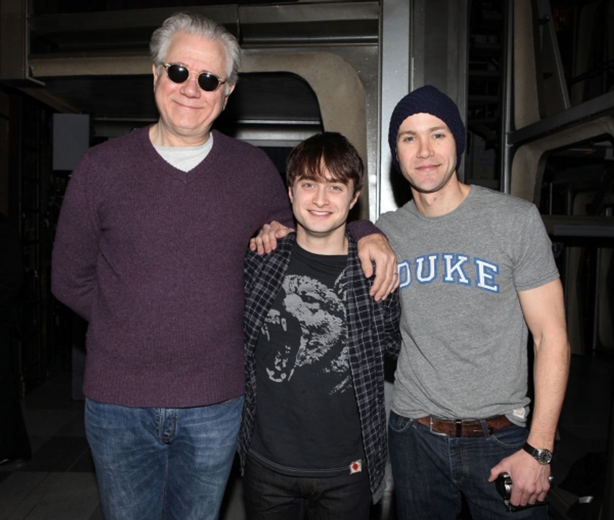 John Larroquette & Daniel Radcliffe & Christopher J. Hanke attending the Broadway Opening Night Gypsy Robe Ceremony for Recipient Cleve Asbury in 'How to Succeed in Business without Really Trying' at the Al Hirschfeld Theatre in New York City. at 