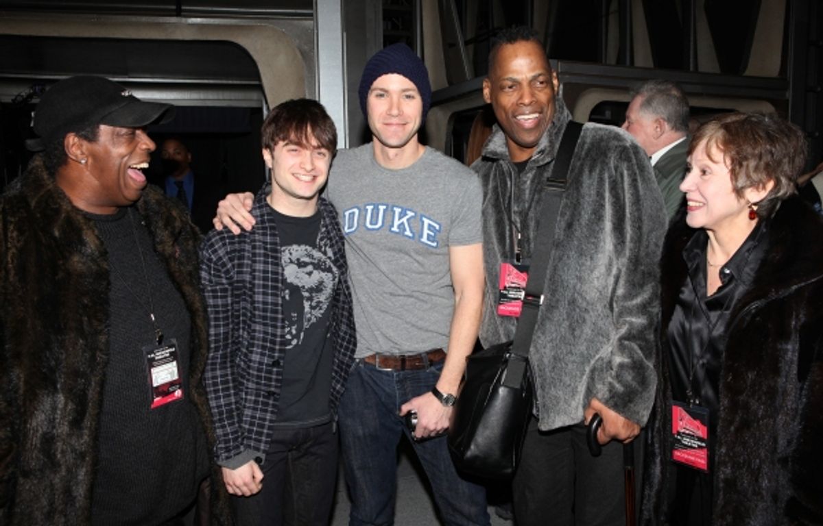Pi Douglass, Daniel Radcliffe, Christopher J. Hanke, Adrian Bailey & Eileen Casey attending the Broadway Opening Night Gypsy Robe Ceremony for Recipient Cleve Asbury in 'How to Succeed in Business without Really Trying' at the Al Hirschfeld Theatre in New at 