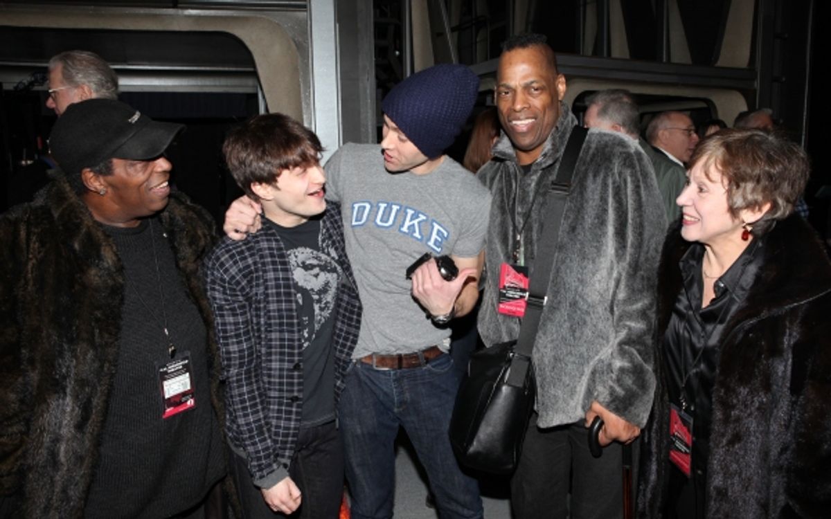 Pi Douglass, Daniel Radcliffe, Christopher J. Hanke, Adrian Bailey & Eileen Casey attending the Broadway Opening Night Gypsy Robe Ceremony for Recipient Cleve Asbury in 'How to Succeed in Business without Really Trying' at the Al Hirschfeld Theatre in New at 