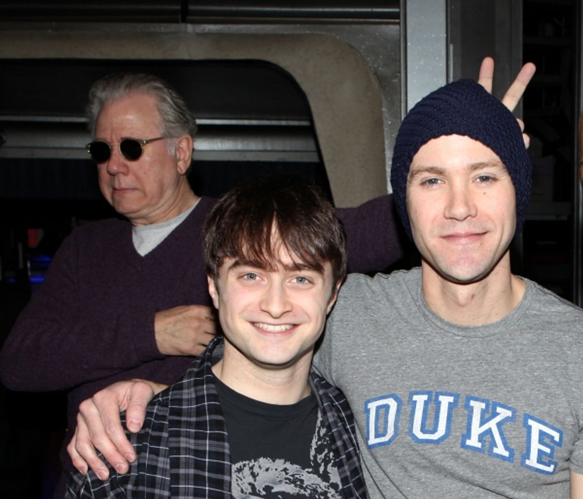 John Larroquette & Daniel Radcliffe & Christopher J. Hanke attending the Broadway Opening Night Gypsy Robe Ceremony for Recipient Cleve Asbury in 'How to Succeed in Business without Really Trying' at the Al Hirschfeld Theatre in New York City. at 