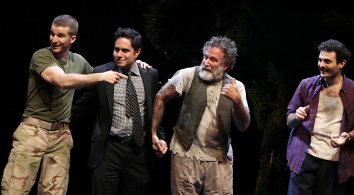 Brad Fleischer, playwright Rajiv Joseph, Robin Willams & Arian Moayed during the Broadway Opening Night Curtain Call for 'Bengal Tiger at the Baghdad Zoo' at the Richard Rodgers Theatre in New York City at 