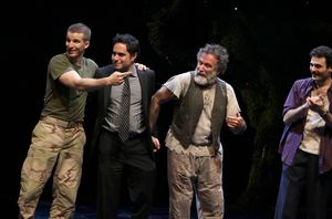 Brad Fleischer, playwright Rajiv Joseph, Robin Willams & Arian Moayed during the Broadway Opening Night Curtain Call for 'Bengal Tiger at the Baghdad Zoo' at the Richard Rodgers Theatre in New York City @ BroadwayWorld Brad Fleischer, playwright Rajiv Joseph, Robin Willams & Arian Moayed during the Broa Photo