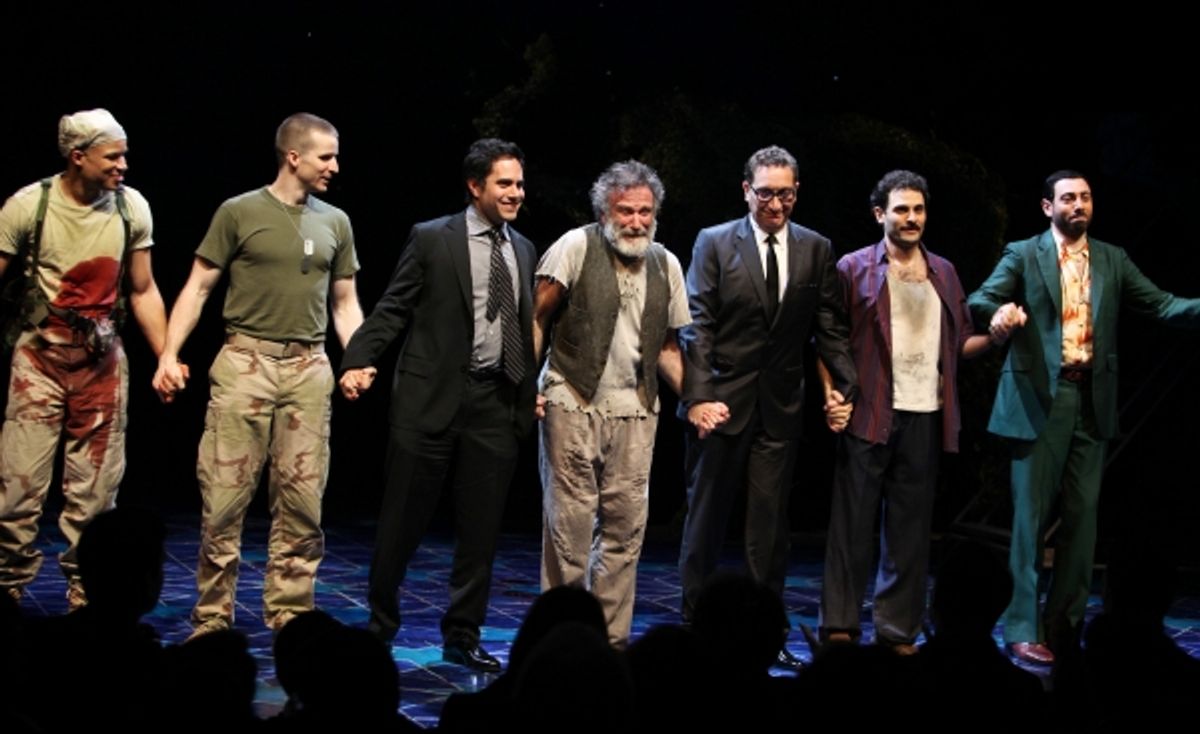 Glenn Davis, Brad Fleischer, playwright Rajiv Joseph, Robin Willams, director Moises Kaufman, Arian Moayed & Hrach Titizian during the Broadway Opening Night Curtain Call for 'Bengal Tiger at the Baghdad Zoo' at the Richard Rodgers Theatre in New York Cit at 