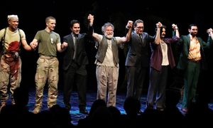 Glenn Davis, Brad Fleischer, playwright Rajiv Joseph, Robin Willams, director Moises Kaufman, Arian Moayed & Hrach Titizian during the Broadway Opening Night Curtain Call for 'Bengal Tiger at the Baghdad Zoo' at the Richard Rodgers Theatre in New York Cit @ BroadwayWorld Glenn Davis, Brad Fleischer, playwright Rajiv Joseph, Robin Willams, director Moises Photo