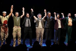 Glenn Davis, Brad Fleischer, playwright Rajiv Joseph, Robin Willams, director Moises Kaufman, Arian Moayed & Hrach Titizian during the Broadway Opening Night Curtain Call for 'Bengal Tiger at the Baghdad Zoo' at the Richard Rodgers Theatre in New York Cit @ BroadwayWorld Glenn Davis, Brad Fleischer, playwright Rajiv Joseph, Robin Willams, director Moises Photo