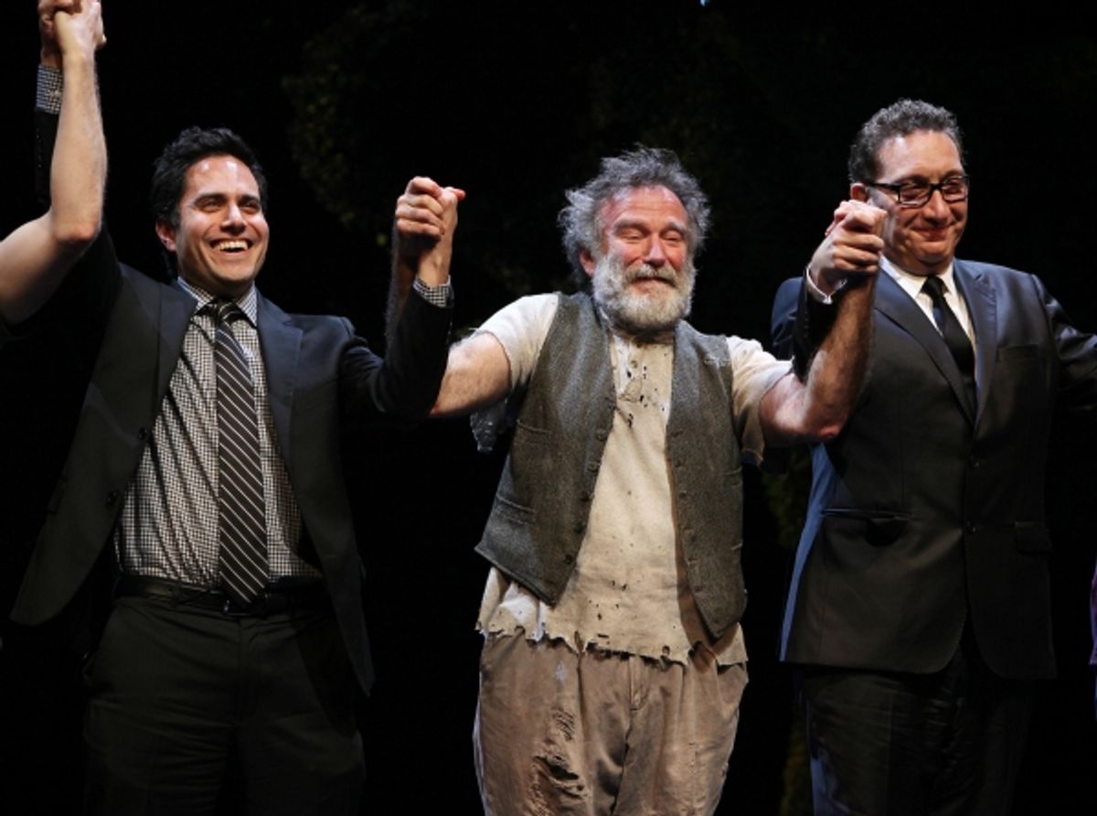 Robin Willams with playwright Rajiv Joseph & director Moises Kaufman during the Broadway Opening Night Curtain Call for 'Bengal Tiger at the Baghdad Zoo' at the Richard Rodgers Theatre in New York City at 