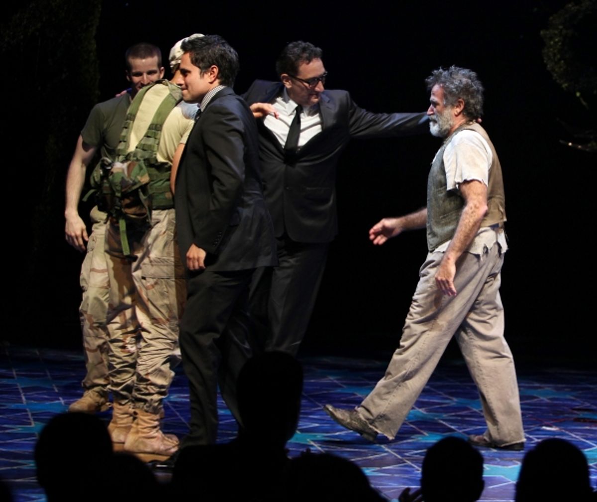 Rajiv Joseph, Brad Fleischer, Glenn Davis, Robin Willams & Moises Kaufman during the Broadway Opening Night Curtain Call for 'Bengal Tiger at the Baghdad Zoo' at the Richard Rodgers Theatre in New York City at 