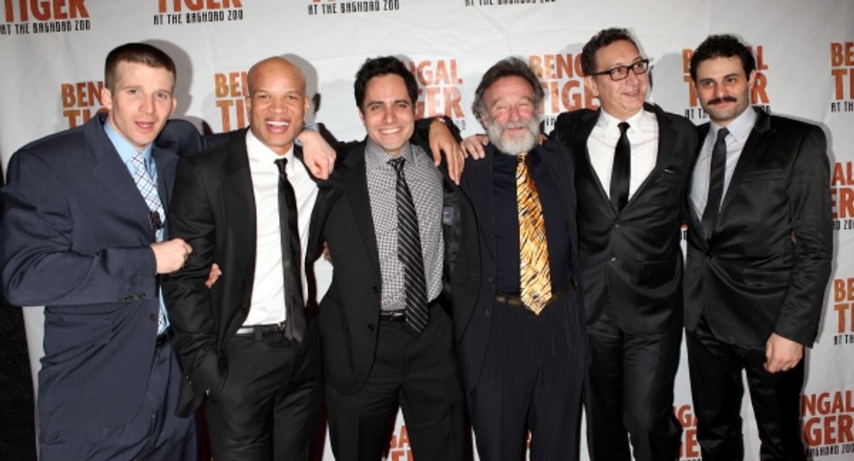 Brad Fleischer, Glenn Davis, Rajiv Joseph, Robin Williams, Moises Kaufman & Arian Moayed attending the Broadway Opening Night After Party for 'Bengal Tiger at the Baghdad Zoo' at espace in New York City at 