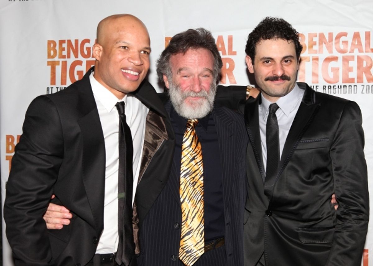 Glenn Davis & Robin Williams & Arian Moayed attending the Broadway Opening Night After Party for 'Bengal Tiger at the Baghdad Zoo' at espace in New York City at 
