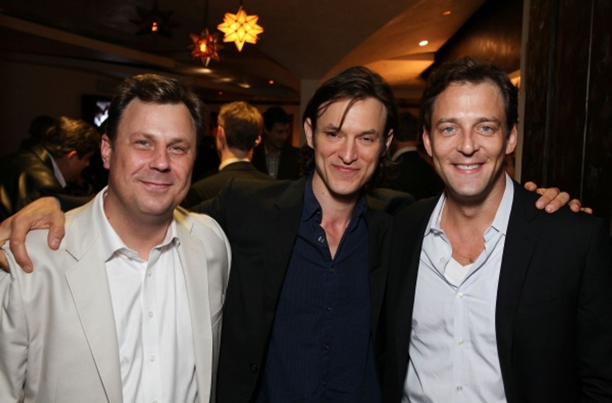 LOS ANGELES, CA - APRIL 3: (L-R) Cast members Brooks Ashmanskas, Adam Rothenberg and Ken Barnett pose during the party for the opening night performance of 'Burn This' at Center Theatre Group's Mark Taper Forum on April 3, 2011 in Los Angeles, California. at 