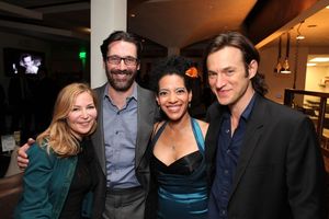 LOS ANGELES, CA - APRIL 3: (L-R) Actress/Writer Jennifer Westfeldt, actor Jon Hamm, cast member Zabryna Guevara and cast member Adam Rothenberg pose during the party for the opening night performance of "Burn This" at Center Theatre Group's Mark Taper For @ BroadwayWorld LOS ANGELES, CA - APRIL 3: (L-R) Actress/Writer Jennifer Westfeldt, actor Jon Hamm, c Photo