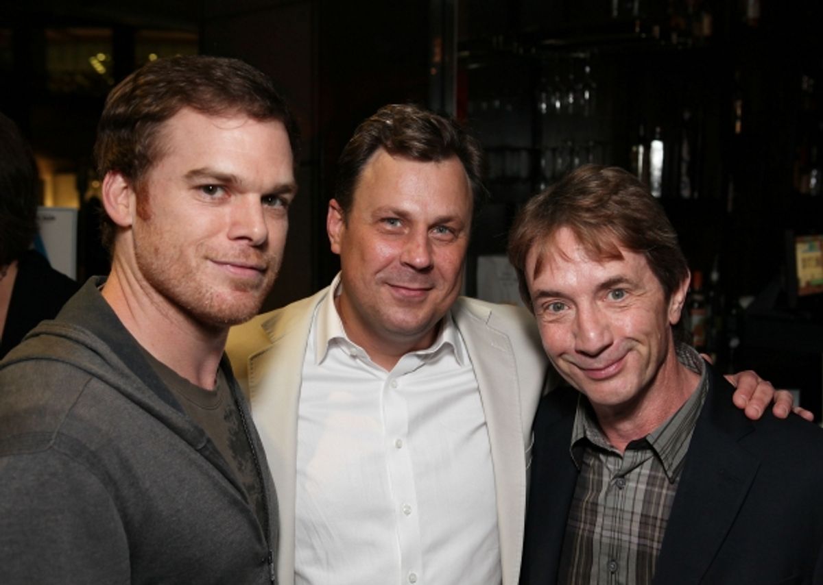 LOS ANGELES, CA - APRIL 3: (L-R) Michael C. Hall, cast member Brooks Ashmanskas and actor Martin Short pose during the party for the opening night performance of 'Burn This' at Center Theatre Group's Mark Taper Forum on April 3, 2011 in Los Angeles, at 