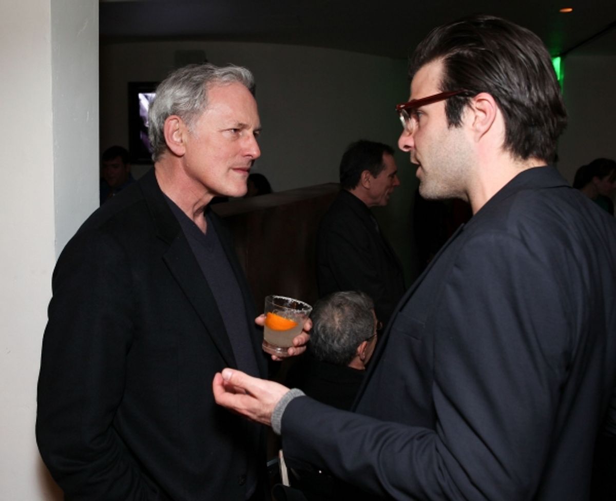LOS ANGELES, CA - APRIL 3: Actors Victor Garber (L) and Zachary Quinto (R) talk during the party for the opening night performance of 'Burn This' at Center Theatre Group's Mark Taper Forum on April 3, 2011 in Los Angeles, California. (Photo by Ryan Miller at 