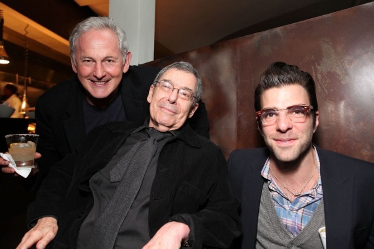 LOS ANGELES, CA - APRIL 3: (L-R) Victor Garber, Director Nicholas Martin and actor Zachary Quinto pose during the party for the opening night performance of 'Burn This' at Center Theatre Group's Mark Taper Forum on April 3, 2011 in Los Angeles, Cali at 