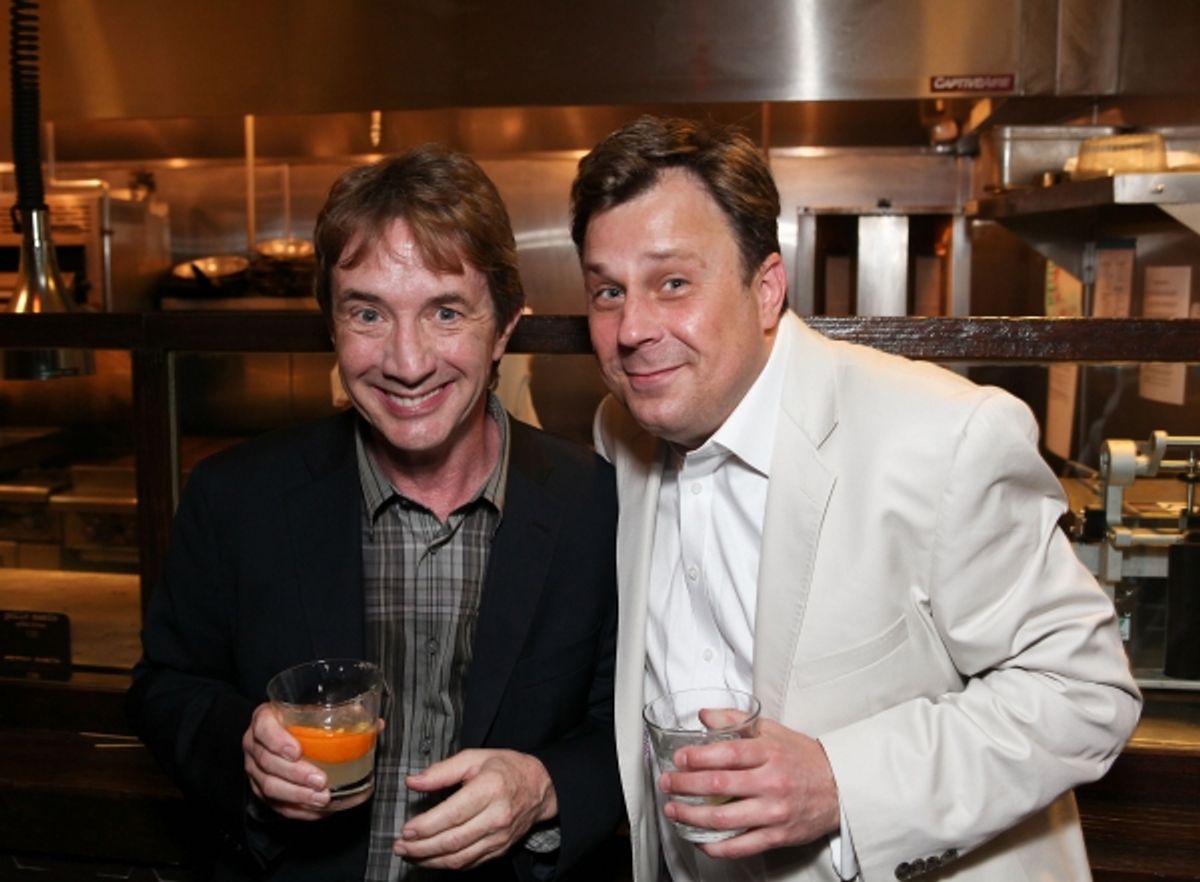 LOS ANGELES, CA - APRIL 3: Martin Short (L) and cast member Brooks Ashmanskas (R) pose during the party for the opening night performance of 'Burn This' at Center Theatre Group's Mark Taper Forum on April 3, 2011 in Los Angeles, California. (Photo b at 