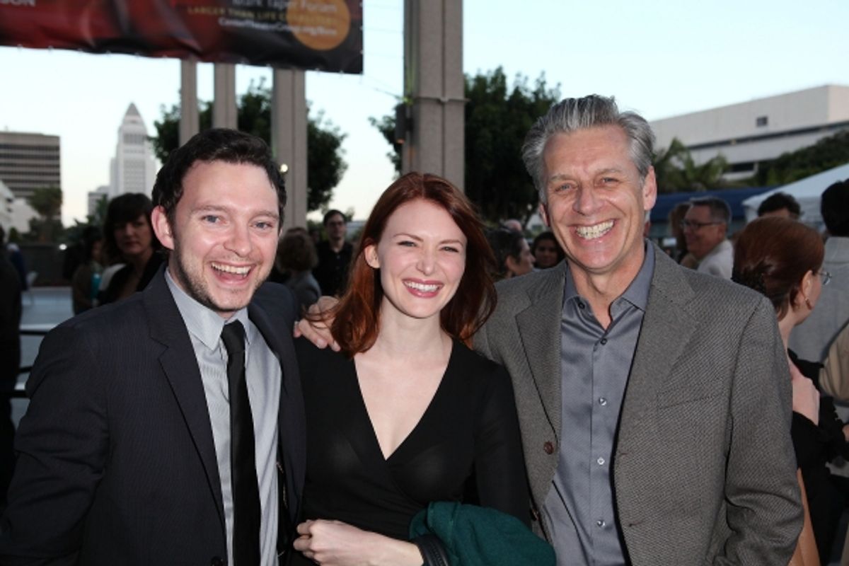 LOS ANGELES, CA - APRIL 3: (L-R) Nate Corddry, actress Holley Fain and CTG Artistic Director Michael Ritchie pose during the arrivals for the opening night performance of 'Burn This' at Center Theatre Group's Mark Taper Forum on April 3, 2011 in Los at 
