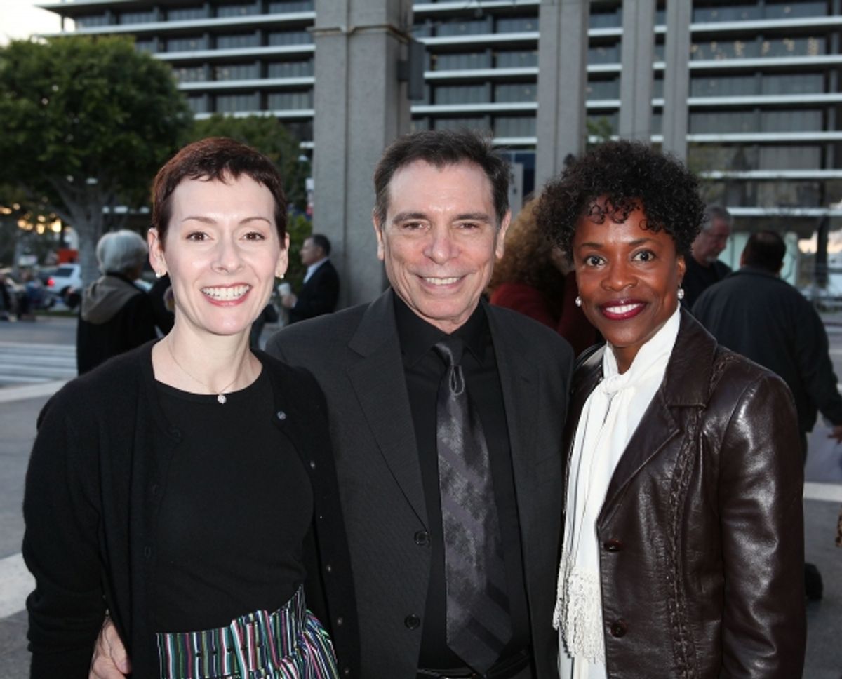LOS ANGELES, CA - APRIL 3: (L-R) Amanda Naughton, Set Designer Ralph Funicello and actress Charlayne Woodard pose during the arrivals for the opening night performance of 'Burn This' at Center Theatre Group's Mark Taper Forum on April 3, 2011 in L at 