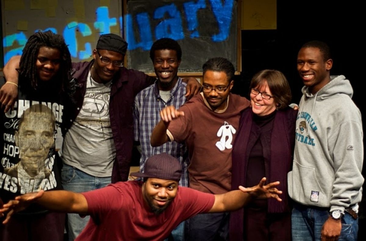  Alonzo Jackson, Deron Simmons, Biko Misabiko, Al Letson, Sanctuary on 8th Street Executive Director Vicky Watkins, Keith Mack and (pictured, front) DJ Willie Evans, Jr. Photo by Anthony Merced at 