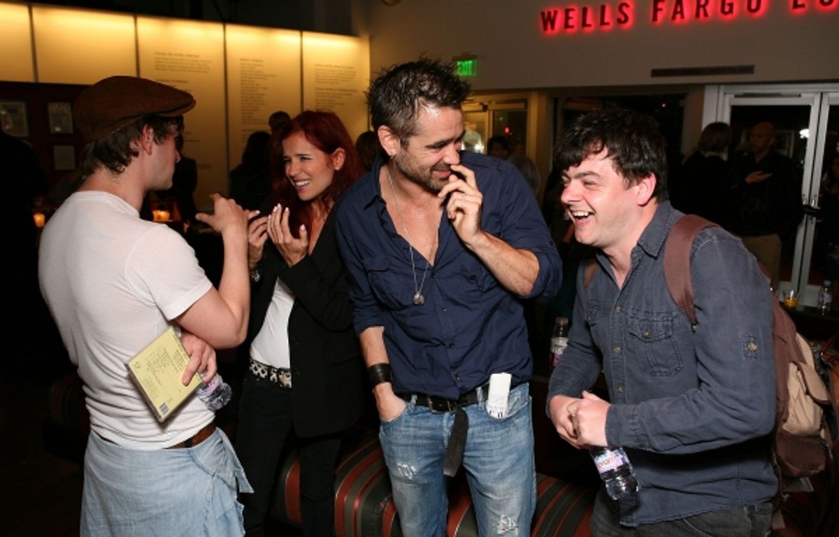LOS ANGELES, CA - APRIL 6: (L-R) Cast member Tadhg Murphy, Claudine Farrell, actor Colin Farrell and cast member Laurence Kinlan talk during the party for the opening night performance of 'The Cripple of Inishmaan' at Center Theatre Group's Kirk Douglas T at 