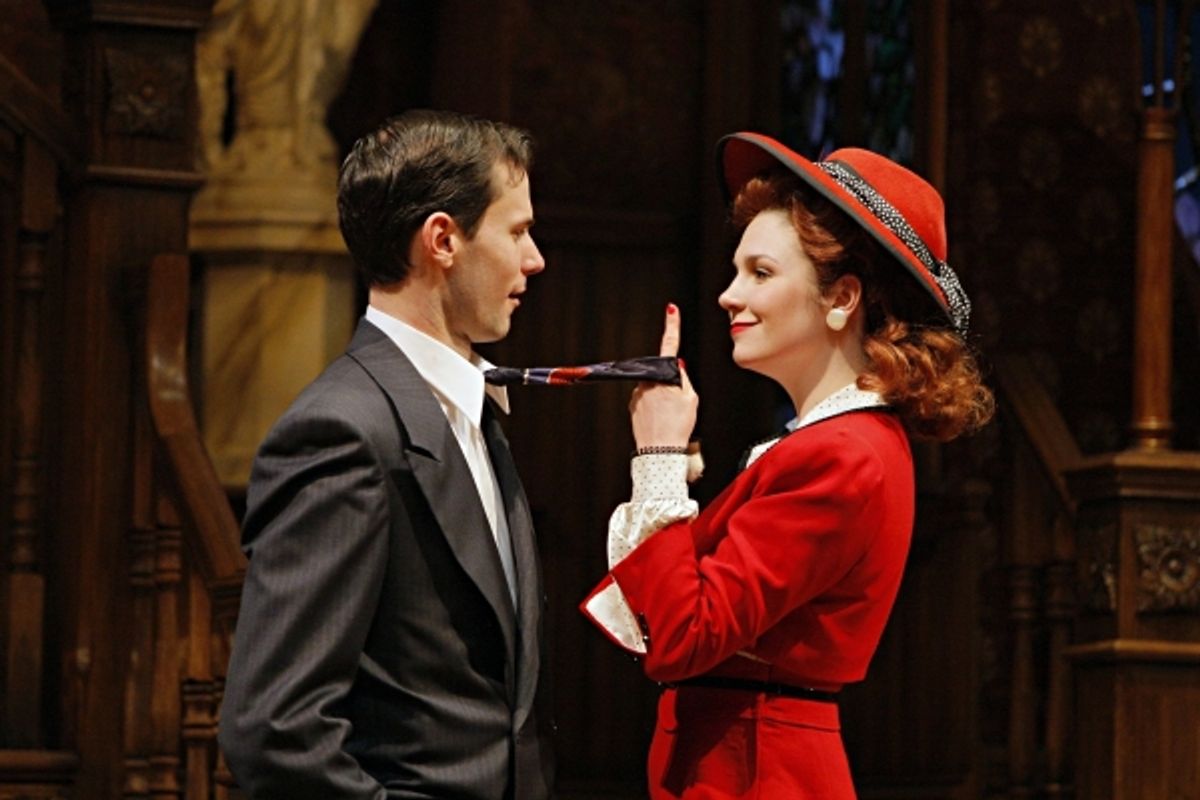  Jonas Goslow (Mortimer Brewster) and Kathryn Lawrey (Elaine Harper) in the Guthrie Theater production of ARSENIC AND OLD LACE by Joseph Kesselring. Directed by Joe Dowling, set design by John Lee Beatty, costume design by Christine A. Richardson, lightin at 