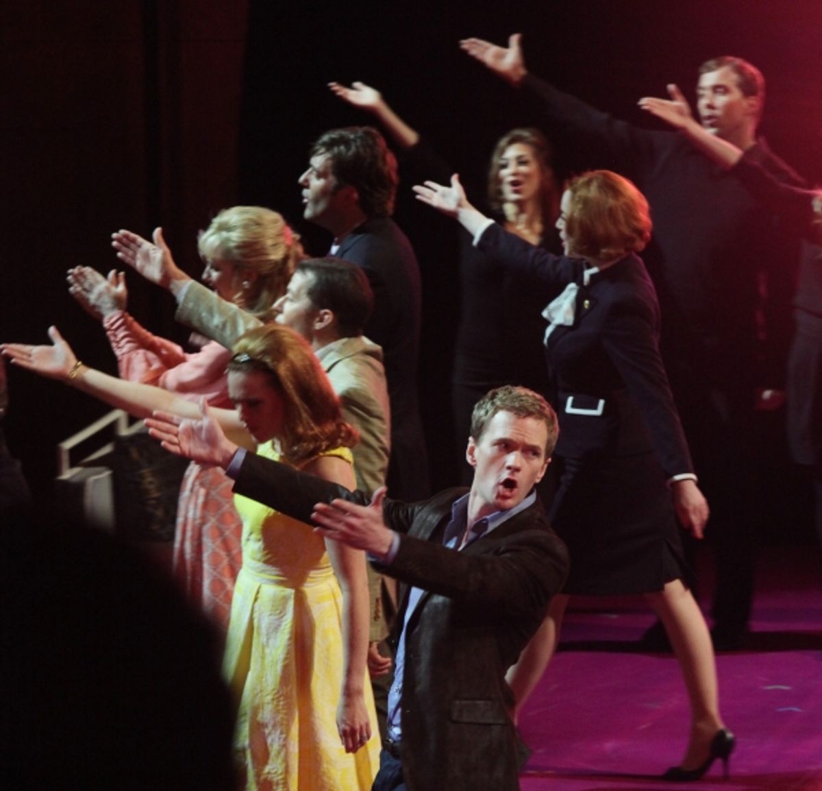 Neil Patrick Harris & ensemble cast performing in the New York Philharmonic presentation of Stephen Sondheim's 'Company', A Spring Gala Benefit  in New York City. at 