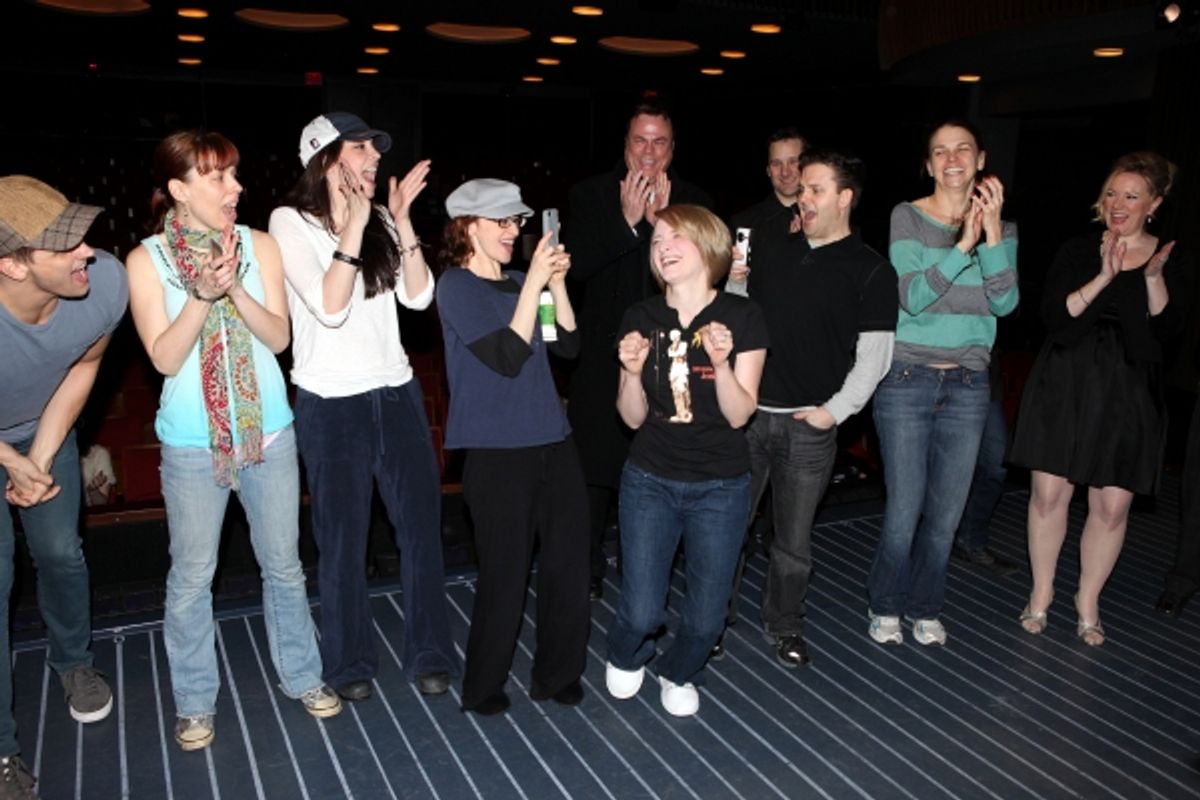 Robert Creighton & Sutton Foster & Kathleen Marshall with Joyce Chittick & Ensemble Cast  attending the Opening Night Performance Gypsy Robe Ceremony for Recipient Joyce Chittick for The Roundabout Theatre Company's Broadway Production of 'Anything Goes'  at 