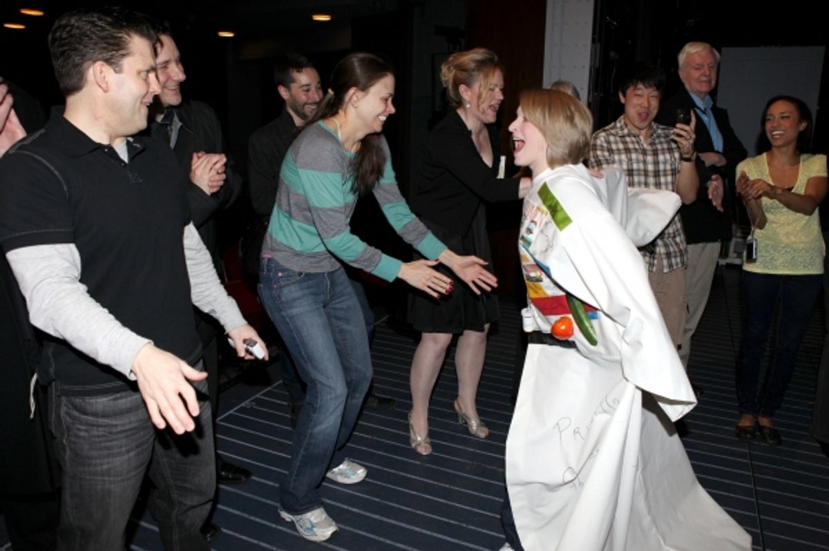 Robert Creighton & Sutton Foster & Kathleen Marshall with Ensemble Cast attending the Opening Night Performance Gypsy Robe Ceremony for Recipient Joyce Chittick for The Roundabout Theatre Company's Broadway Production of 'Anything Goes'  in New York City. at 
