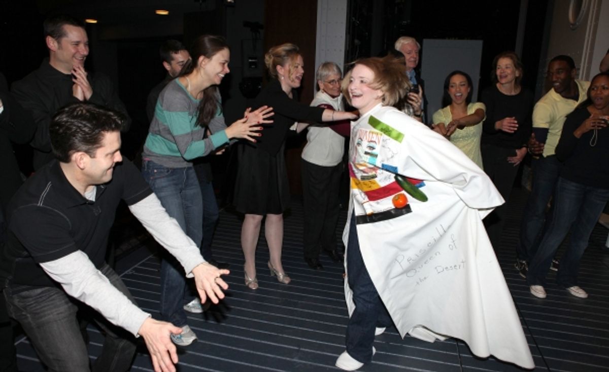 Robert Creighton & Sutton Foster & Kathleen Marshall with Ensemble Cast attending the Opening Night Performance Gypsy Robe Ceremony for Recipient Joyce Chittick for The Roundabout Theatre Company's Broadway Production of 'Anything Goes'  in New York City. at 