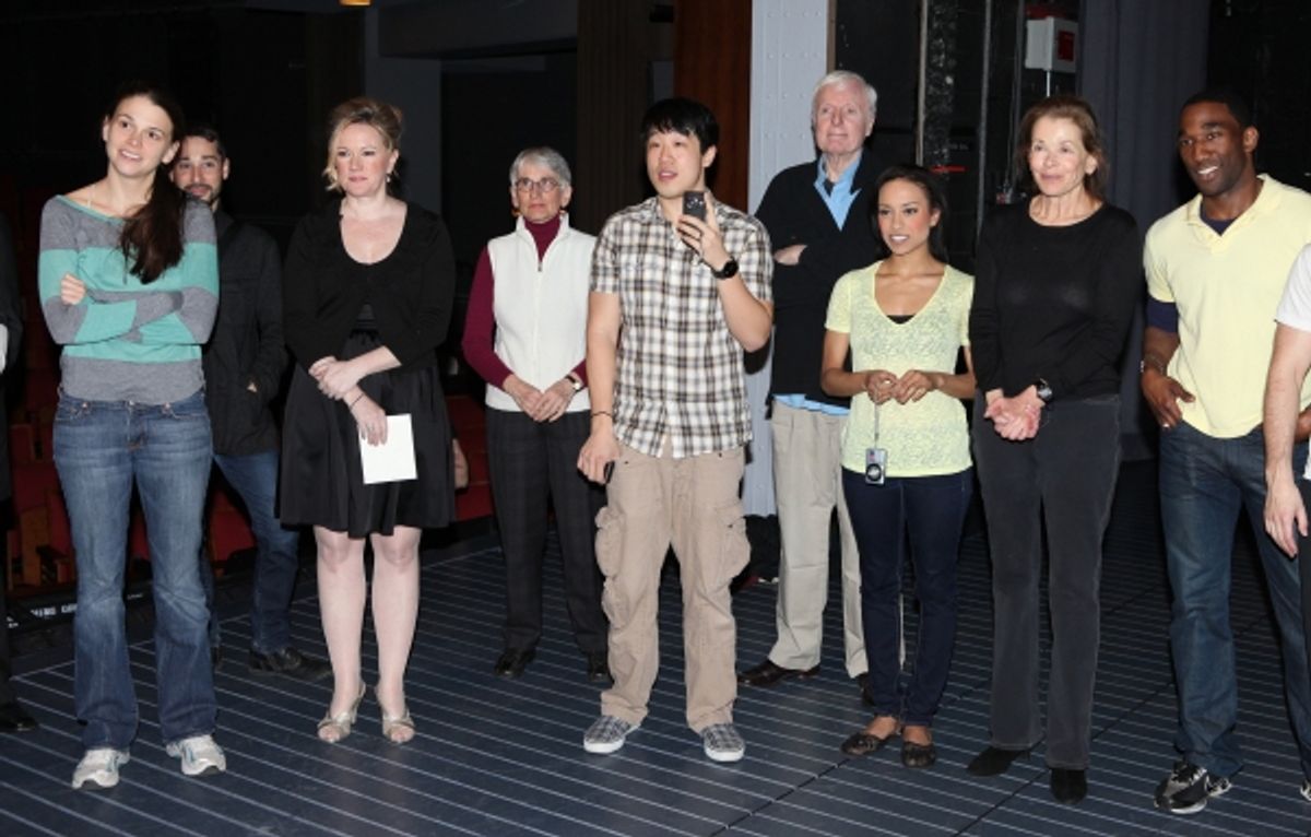 Sutton Foster, Kathleen Marshall, Raymond J. Lee, John McMartin, Jessica Walter with Ensemble cast attending the Opening Night Performance Gypsy Robe Ceremony for Recipient Joyce Chittick for The Roundabout Theatre Company's Broadway Production of 'Anythi at 