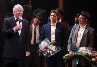 Frank Abagnale Jr. & Aaron Tveit & Norbert Leo Butz during the Broadway Opening Night Photo