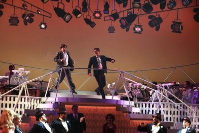 Norbet Leo Butz & Aaron Tveit during the Broadway Opening Night Curtain Call for 'Cat Photo