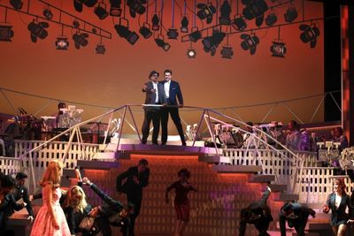 Norbet Leo Butz & Aaron Tveit during the Broadway Opening Night Curtain Call for 'Cat Photo