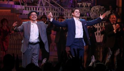 Norbet Leo Butz & Aaron Tveit during the Broadway Opening Night Curtain Call for 'Cat Photo