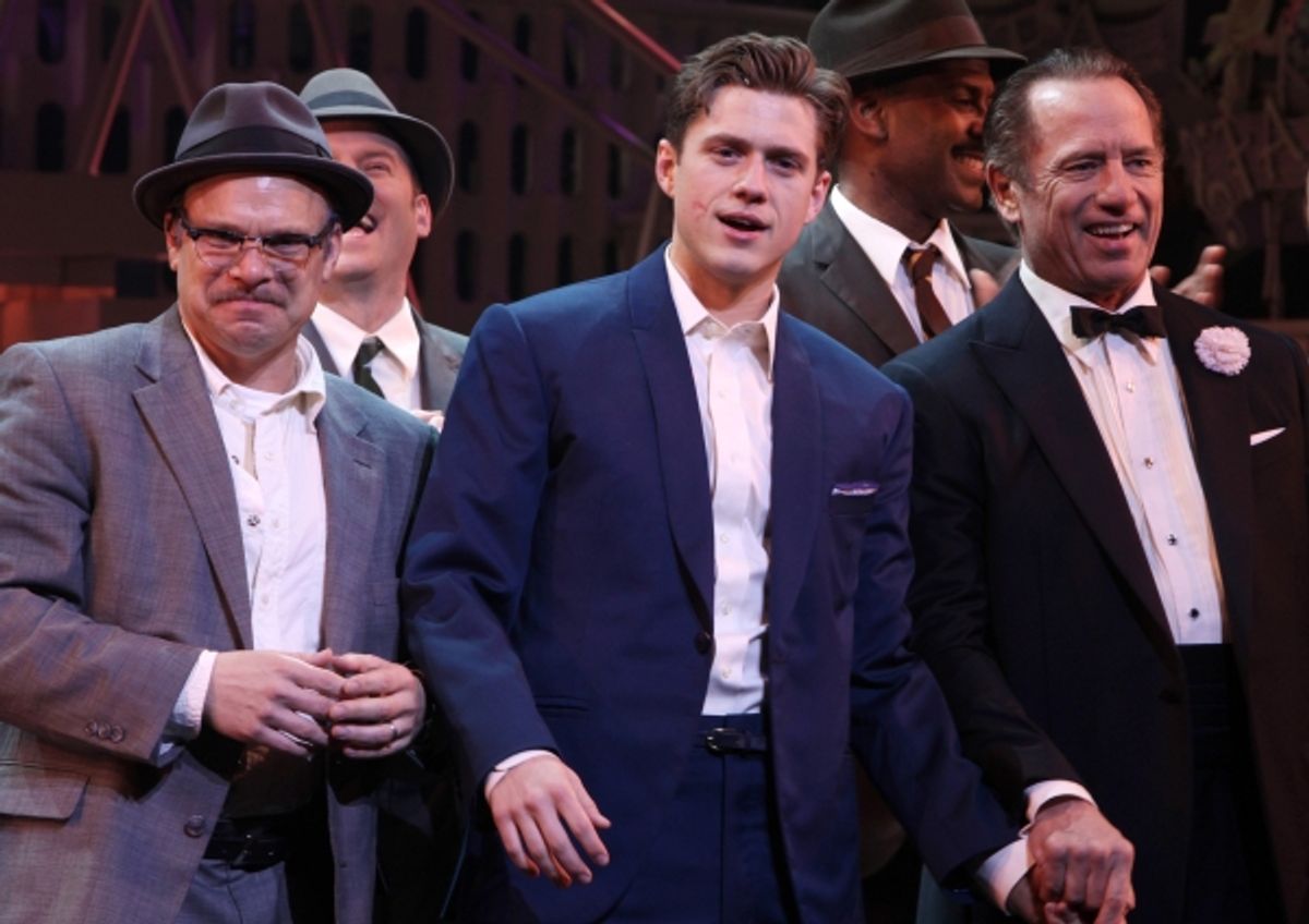 Norbert Leo Butz, Aaron Tveit, Tom Wopat during the Broadway Opening Night Curtain Call for 'Catch Me If You Can' in New York City. at 